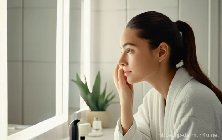 피부 혈관 제거 시술 - **Prompt:** A young adult woman (20s-30s) stands in a bright, modern bathroom, gently touching her c...