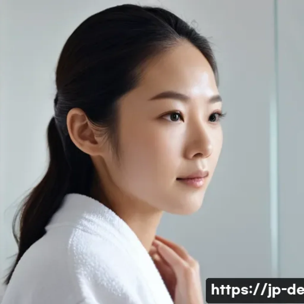 피부 윤기 증가법 - **Prompt:** A serene Japanese woman in her late 20s, with flawless, glowing skin, delicately applyin...