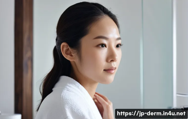 피부 윤기 증가법 - **Prompt:** A serene Japanese woman in her late 20s, with flawless, glowing skin, delicately applyin...