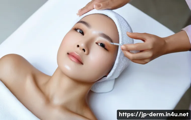 피부과 시술 리뷰 사이트 - **Prompt:** A young woman (20s), with gentle features and clear skin, is receiving a hydrating facia...