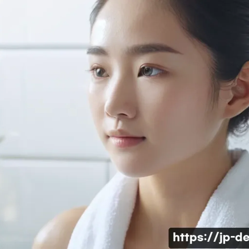 피부 건강 유지 팁 - **Image Prompt: Gentle Cleansing Ritual**
    A young Japanese woman in her mid-20s, with clear, lum...