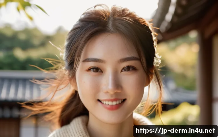 기미와 주근깨 차이 - A close-up portrait of a young Japanese woman with light brown freckles evenly scattered across her ...