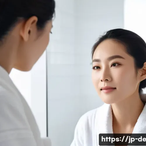 모공 줄이는 화장품 추천 - A serene Japanese woman in her late 20s with flawless, glowing skin applying a gentle vitamin C deri...