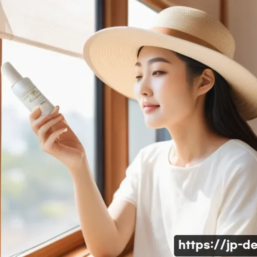 색소침착 제거 방법 - A serene Japanese woman in her 30s practicing daily skincare routine indoors by a bright window, app...