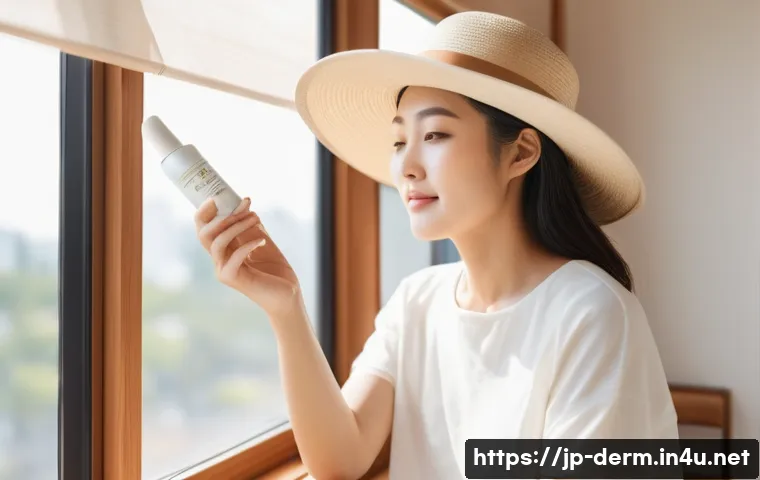 색소침착 제거 방법 - A serene Japanese woman in her 30s practicing daily skincare routine indoors by a bright window, app...
