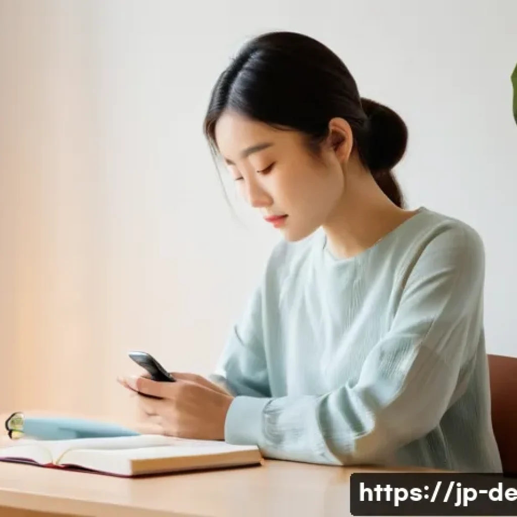 피부과 방문 전 준비 - A modern Japanese woman in her late 20s sitting at a desk in a softly lit room, carefully writing in...