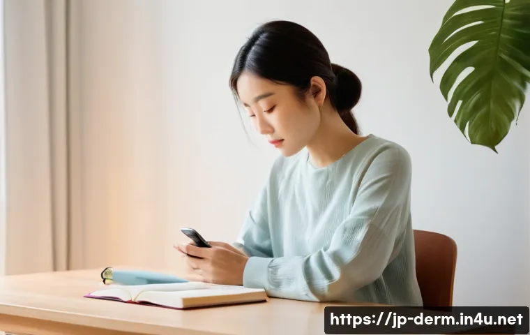 피부과 방문 전 준비 - A modern Japanese woman in her late 20s sitting at a desk in a softly lit room, carefully writing in...