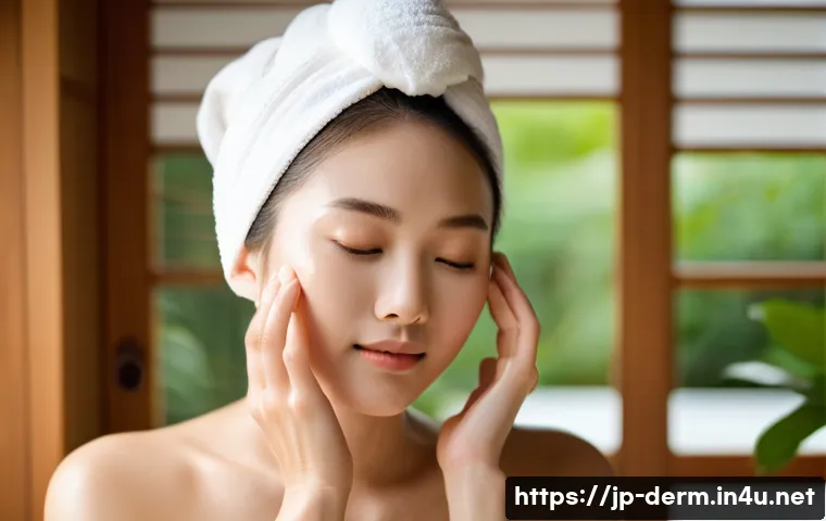 피부 자극 완화 팁 - A serene Japanese woman with sensitive skin gently washing her face using a creamy, milk-type cleans...