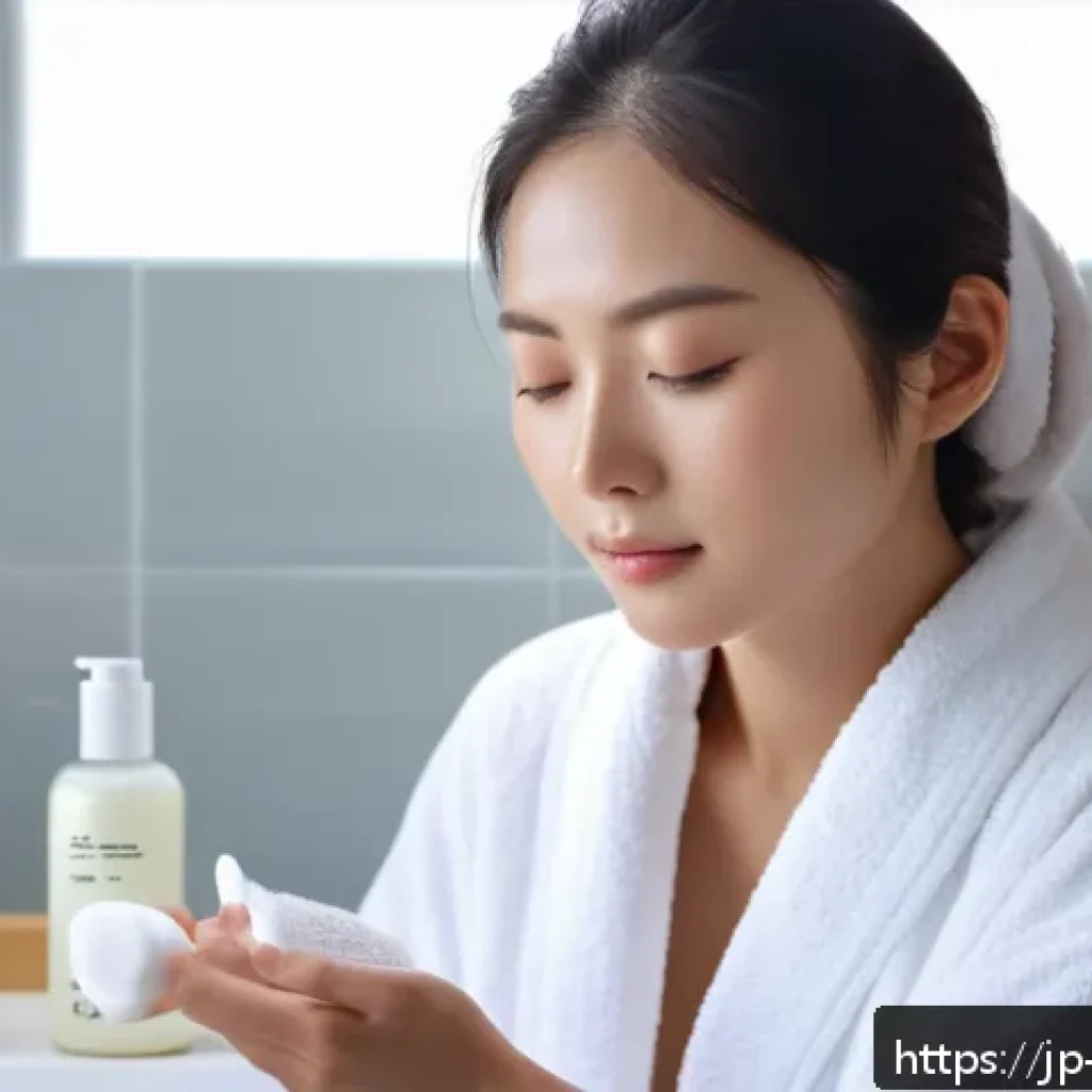 피부건조증 완화법 - A serene modern Japanese bathroom scene featuring a young woman with smooth skin gently applying moi...