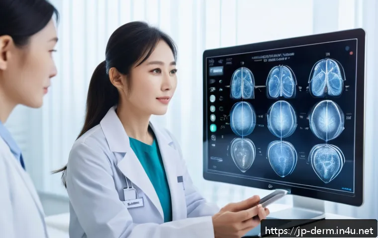 피부과 기술 발전 동향 - A modern dermatology clinic scene featuring a Japanese female patient in casual clothing consulting ...