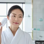 피부과 시술 전후 관리 - A serene Japanese woman in her 30s gently applying a hyaluronic acid and ceramide-rich moisturizer o...