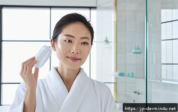 피부과 시술 전후 관리 - A serene Japanese woman in her 30s gently applying a hyaluronic acid and ceramide-rich moisturizer o...