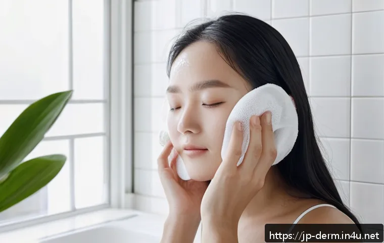 화이트헤드 제거 팁 - A serene Japanese woman in her early 20s gently washing her face with a soft foam created by a bubbl...