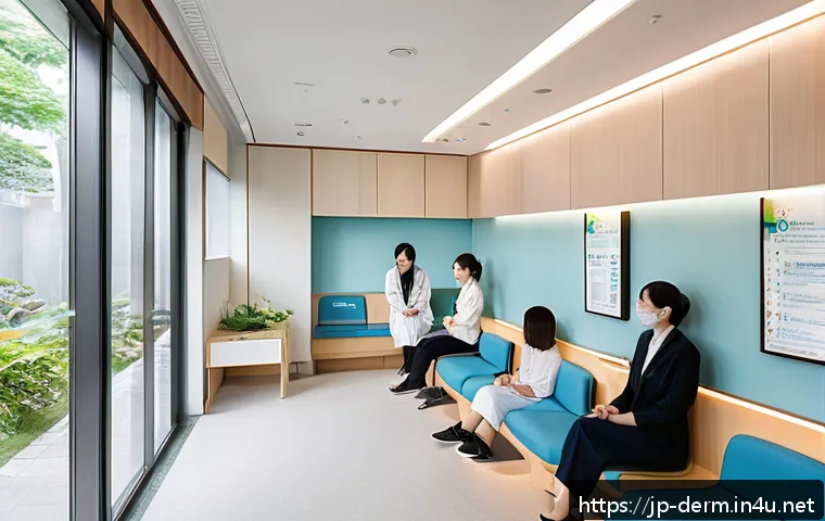 피부과 비용 분석 - A modern Japanese dermatology clinic interior scene, showcasing a clean, bright waiting area with co...