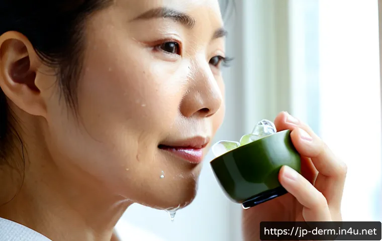 피부 장벽 개선 성분 - Photorealistic close-up of a Japanese woman in her 40s with healthy hydrated facial skin, gently app...